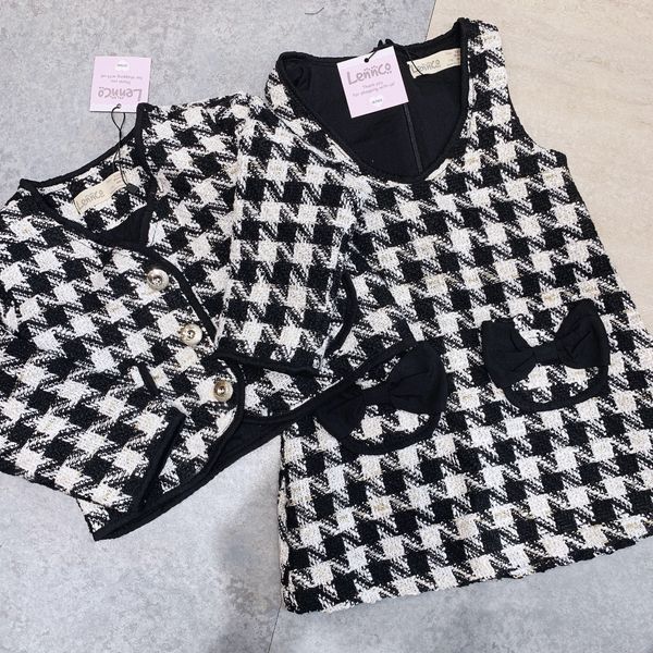 V00169 - Set áo khoác + váy dạ tweed họa tiết gingham trắng đen size 1 - 10y