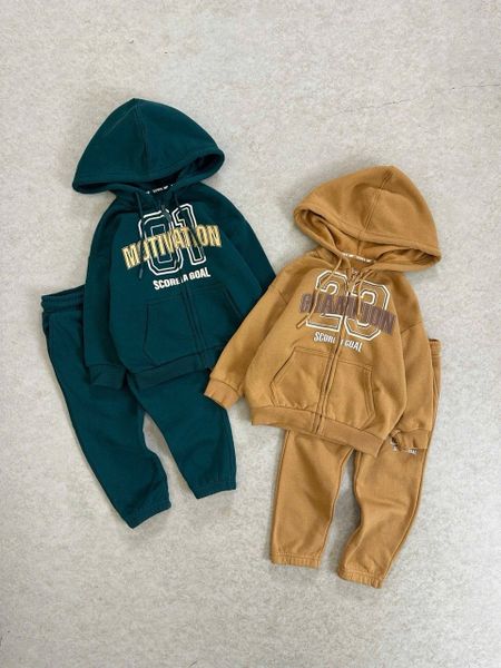 BBT21 - Bộ nỉ bông GGJJ kéo khóa 2 màu nâu/xanh cho bé size 2-8y