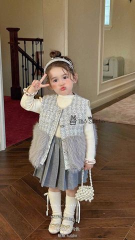 9850 - Set 2ct áo gile dạ lông xanh + chân váy xếp ly size 90-130