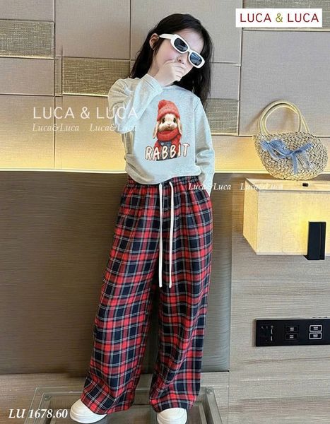Lu 1678 - Bộ Luca bé gái áo ghi in thỏ + quần kẻ size 6-12y
