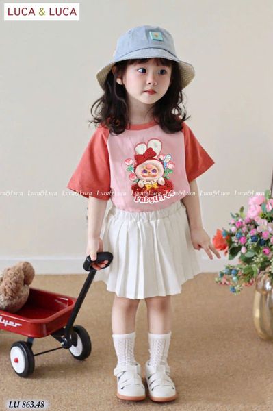 LU 863 - Bộ Luca Luca Baby Three áo hồng cam + chân váy bé gái size 2-12y