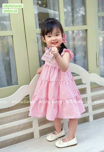 S5015 - Váy Sofia Candy hai dây cánh tiên kẻ phối tầng 3 màu bé gái size 1-10y