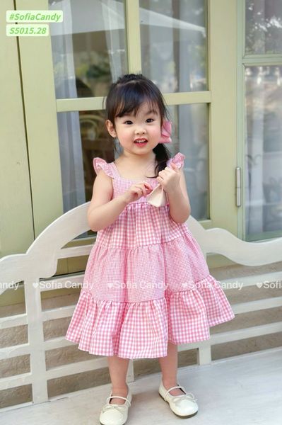 S5015 - Váy Sofia Candy hai dây cánh tiên kẻ phối tầng 3 màu bé gái size 1-10y
