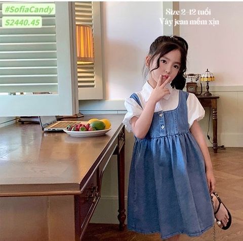 V00039 - Váy Sofia Candy jean phối cổ sơ mi trắng có tay size 2-12y