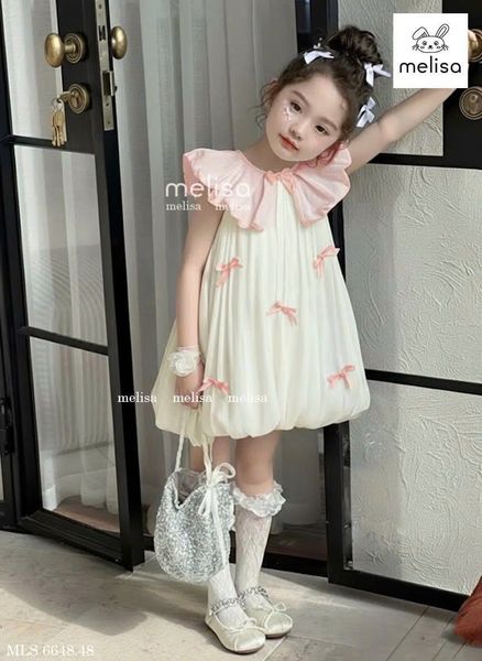 MLSDCC.6648 - Váy Melisa bí vải tơ đính nơ cổ sen hồng size 2-12y