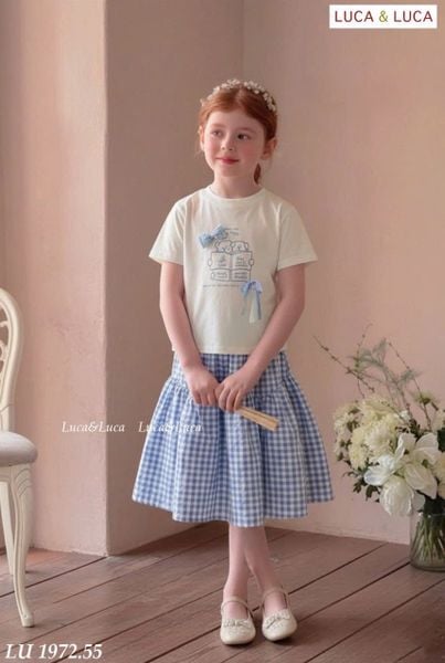 LUBCC.1972 - Set bộ trẻ em Luca & Luca áo trắng + chân váy caro xanh size 6-12y