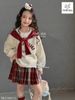 MLS 5864 - Bộ nỉ Melisa áo kem khăn đỏ + chân váy kẻ đỏ bé gái size 2-12y