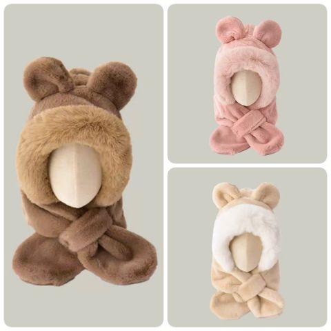 PK07 - Mũ choàng lông liền khăn tai gấu phối viền cho bé Free size 2 - 6y