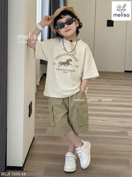 MLSBCC.7535 - Bộ Melisa áo kem in ngựa + quần rêu size 2-12y