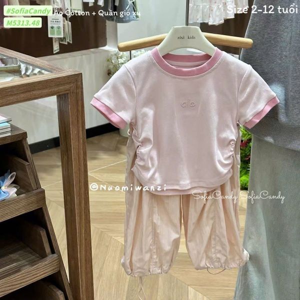 M5313 - Set Mia Kids áo thun nhún eo Alo 2 màu hồng / xanh - quần gió mềm size 2 - 12y