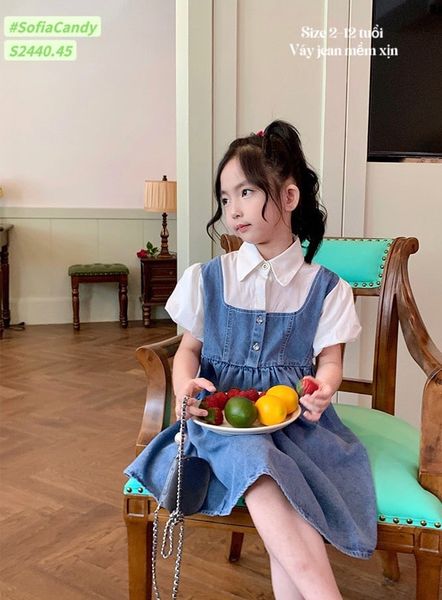 V00039 - Váy Sofia Candy jean phối cổ sơ mi trắng có tay size 2-12y