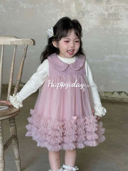 B25067 - Set áo len + váy công chúa đính tim màu hồng cho bé size 90-130