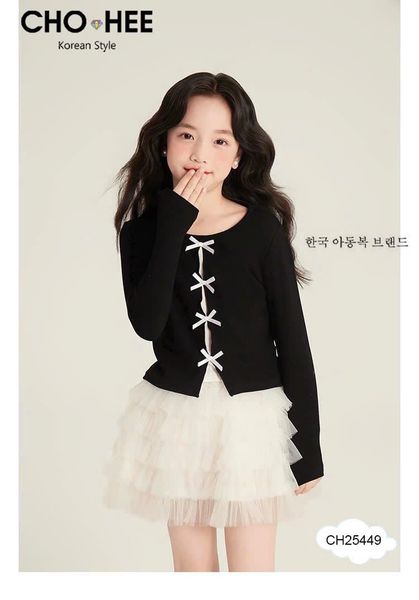CH25449 - Bộ Cho Hee áo cotton đính nơ + chân váy tutu 2 màu bé gái size 2-11y