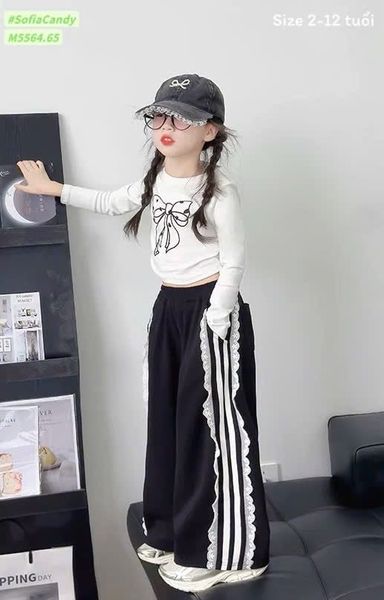 M5564 - Set bộ Mia Kids áo cotton dài tay màu trắng in hình nơ + quần nỉ đen phối ren size 2-12y