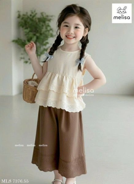 MLSBCC.7376 - Bộ Melisa áo ren kem + quần nâu ren size 2-12y