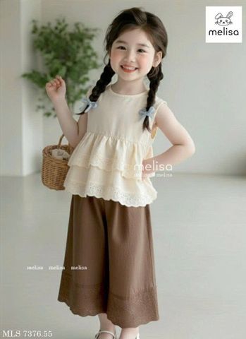 MLSBCC.7376 - Bộ Melisa áo ren kem + quần nâu ren size 2-12y