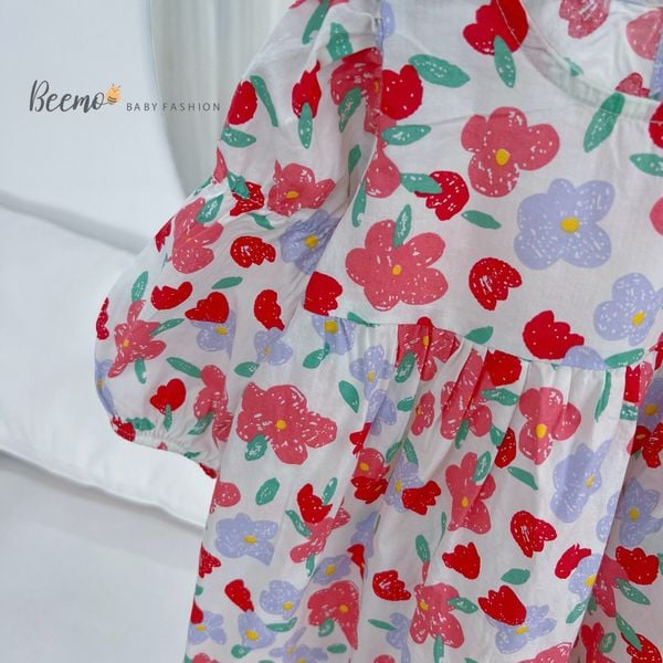 V00126 - Váy hoa nhí tay nhún Beemo 2 màu xanh/đỏ BG