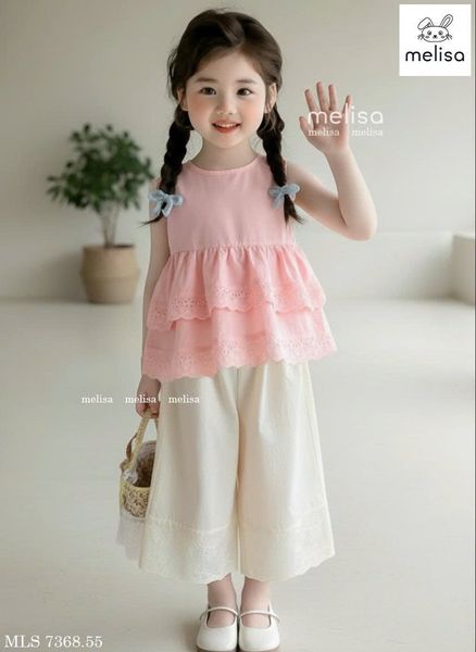 MLSBCC.7368 - Bộ Melisa áo hồng sát nách + quần ren kem bé gái size 2-12y