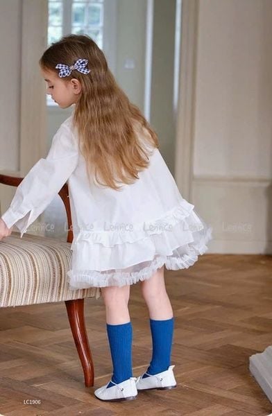 V00004 - Váy sơ mi thô phối chân voan 2 màu trắng / xanh size 12m - 10y