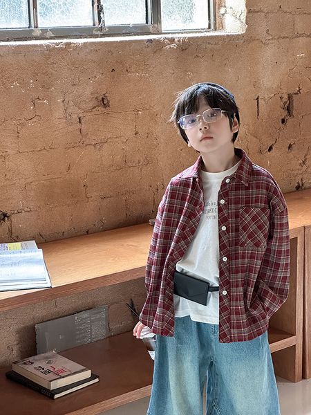 25F136 - Áo sơ mi AMBB vải dạ mềm kẻ nâu đỏ bé trai size 110-170