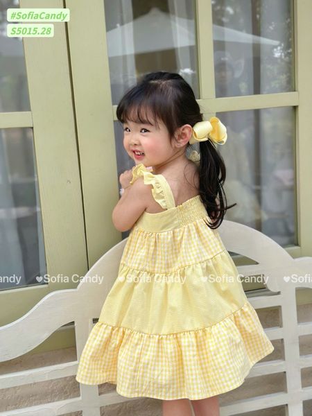 S5015 - Váy Sofia Candy hai dây cánh tiên kẻ phối tầng 3 màu bé gái size 1-10y