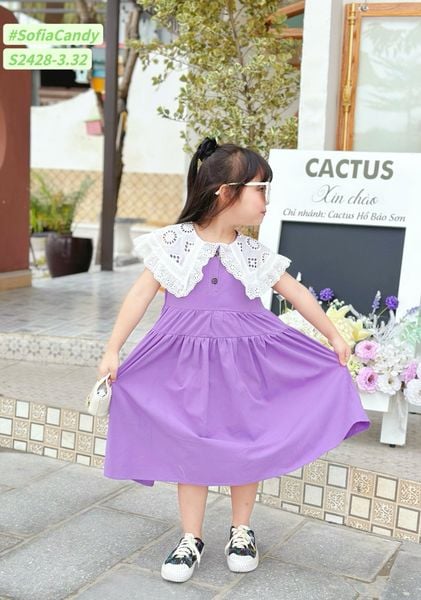 V00034 - Váy Sofia Candy tiểu thư trơn sắc màu phối cổ thêu trắng size 2-12y