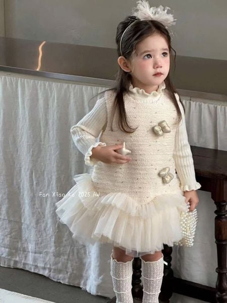 F25111 - Set 2ct QC Fanxiaoke áo len tăm + váy công chúa hồng/kem size 80-120