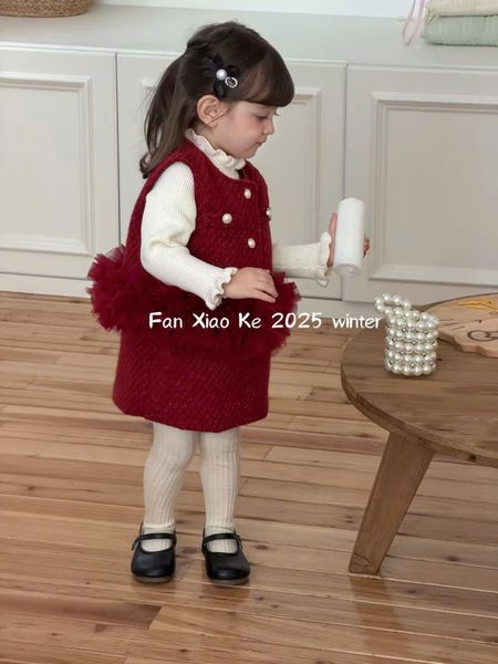 25223 - Set 3ct áo len + gile dạ + chân váy Fanxiaoke màu đỏ bé gái size 80-120