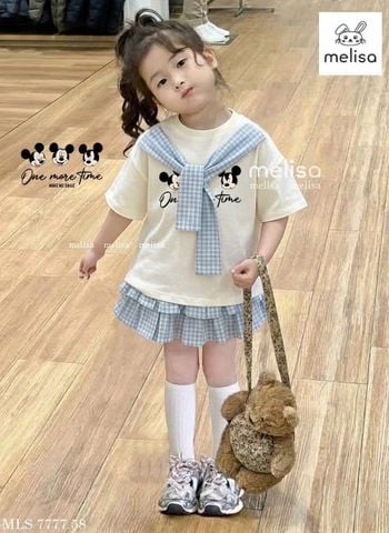 MLSBCC.7777 - Bộ Melisa áo kem in mickey + chân váy kẻ caro xanh size 2-12y