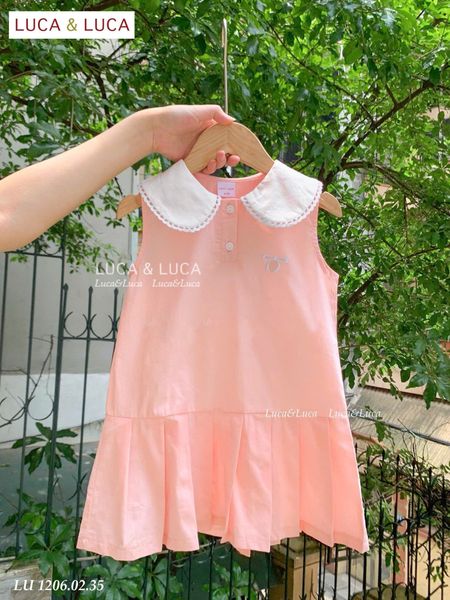 LU 1206 - Váy Luca sát nách cổ sen trắng thêu nơ ngực 2 màu hồng/xanh bé gái size 2-12y