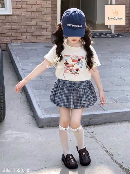 JJBCC.7528 - Set Jam&Jenny áo cotton trắng hình cún - chân váy bí caro xanh đính nơ size 2 - 12y