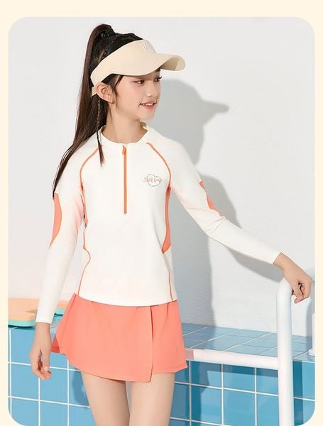 YY7520 - Bộ bơi YUKE dài tay chống nắng màu kem phối cam bé gái size XL-6XL
