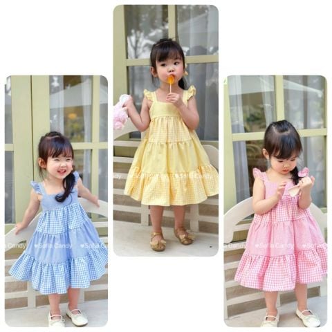 S5015 - Váy Sofia Candy hai dây cánh tiên kẻ phối tầng 3 màu bé gái size 1-10y