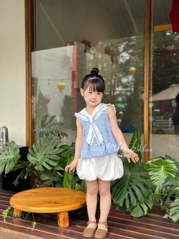 VJ145 - Set bộ June with love áo thủy thủ kẻ xanh + quần bí bé gái size 1-10y