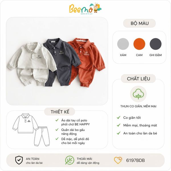 6197BDB - Bộ polo Beemo vải thun Be Happy trơn 3 màu bé trai size 1-7y