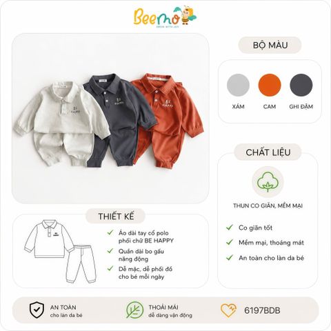 6197BDB - Bộ polo Beemo vải thun Be Happy trơn 3 màu bé trai size 1-7y