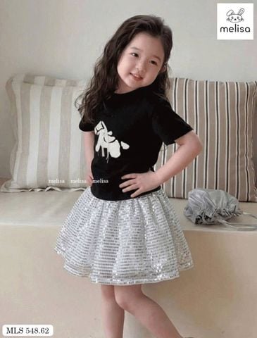 MLSBCC.548 - Bộ bé gái Melisa áo đen in ngựa + chân váy kim sa size 2-12y