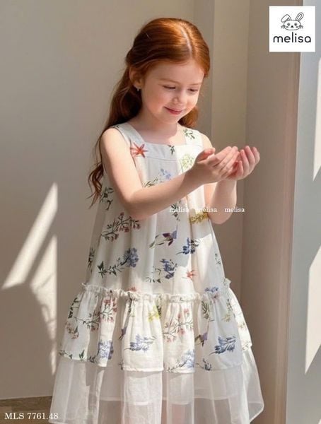 MLSDCC.7761 - Đầm 2 dây Melisa hoa chân phối voan trắng size 2-11y