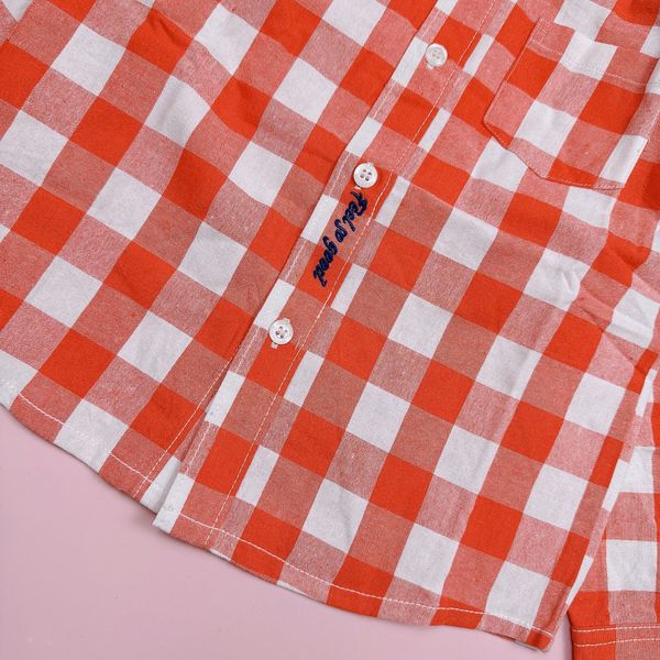 ABT88 - Áo sơ mi linen Toto Heros caro trắng đỏ thêu Feel So Good size 110 - 150