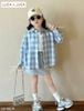 LU 960 - Set 3ct LUCA áo sơ mi caro xanh dài tay + áo trắng + chân váy bé gái size 2-12y