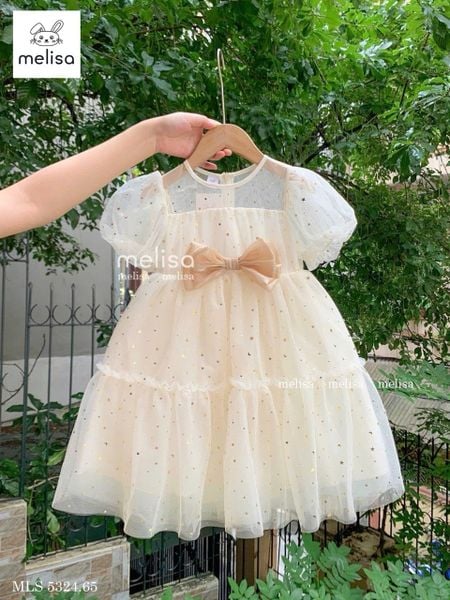 MLS 5324 - Váy công chúa Melisa màu be sao đính nơ bé gái size 2-12y