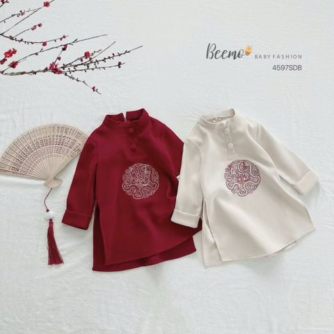 4597SDB - Áo dài Beemo bé trai thêu 2 màu đỏ/be size 80-130