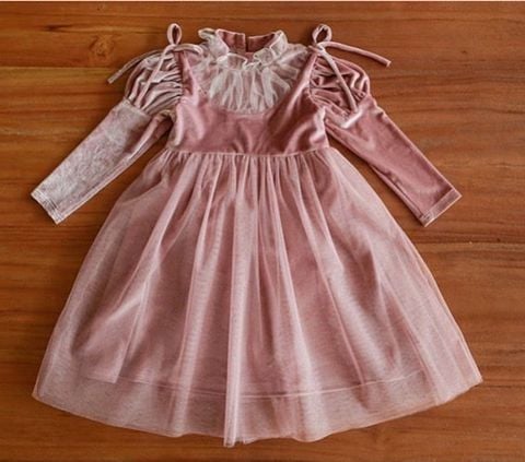V00111 - Váy nhung vai bồng phối chân voan Liebe 2 màu hồng / đỏ size 1 - 9y