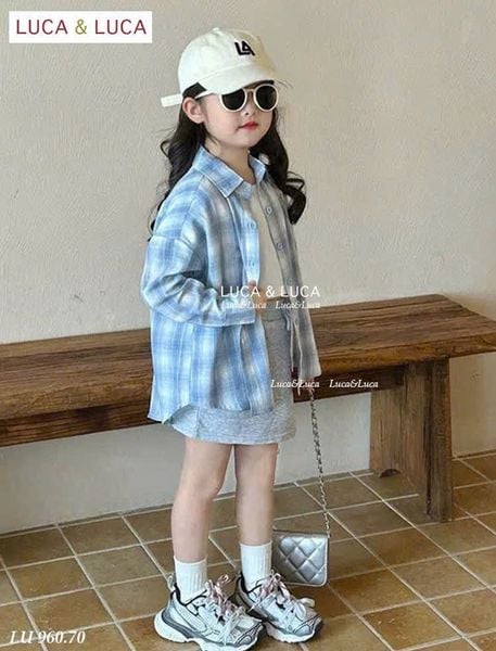 LU 960 - Set 3ct LUCA áo sơ mi caro xanh dài tay + áo trắng + chân váy bé gái size 2-12y
