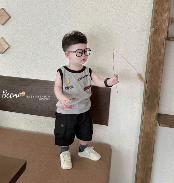 BBT34 - Bộ Beemo áo cotton sát nách + quần kaki bé trai size 80-130 (form to)