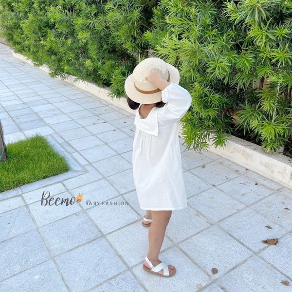 V00131 - Váy đũi dài tay Beemo cổ yếm thêu hoa 2 màu xanh / trắng size 80 -130