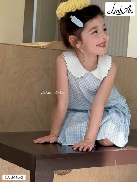 DLACC.563 - Váy thô Linh An kẻ caro xanh cổ sen trắng size 2 - 12y