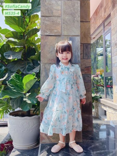 V00079 - Váy voan tơ dài tay buộc nơ cổ 10 màu hoa