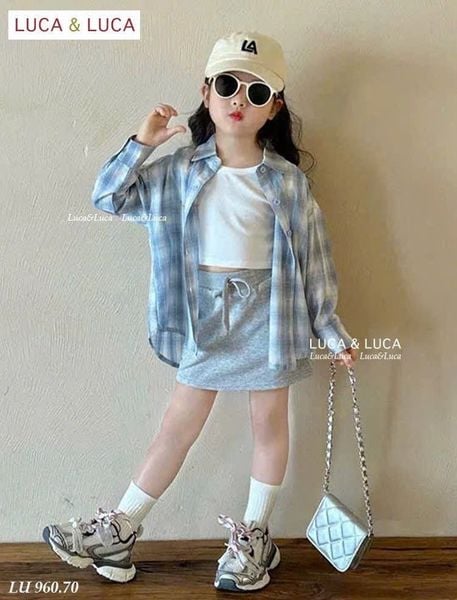 LU 960 - Set 3ct LUCA áo sơ mi caro xanh dài tay + áo trắng + chân váy bé gái size 2-12y