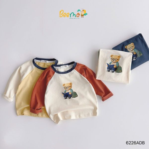 6226ADB - Áo cotton Beemo tay raglan hình gấu học giả nhiều màu size 1-6y